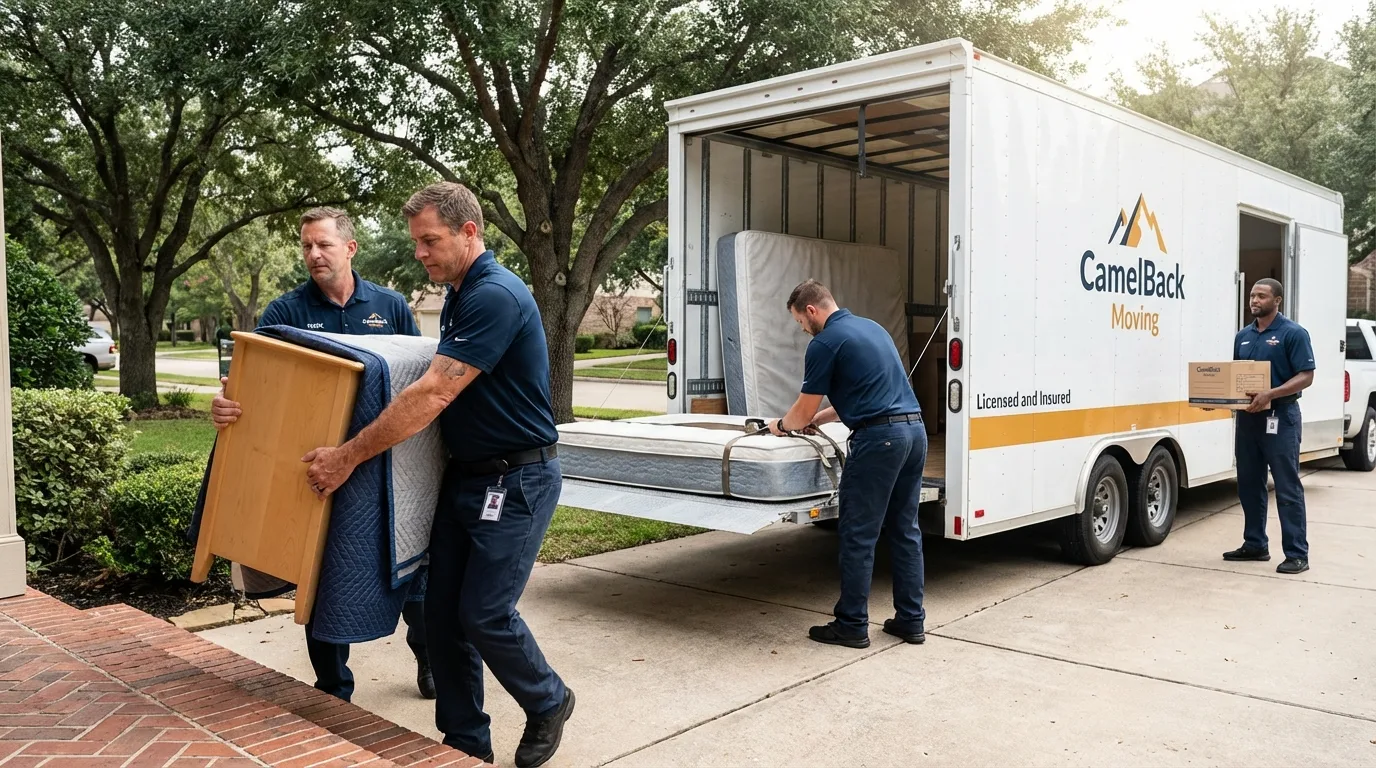 Crew loading residential truck for cross-state move from Karnes City, TX