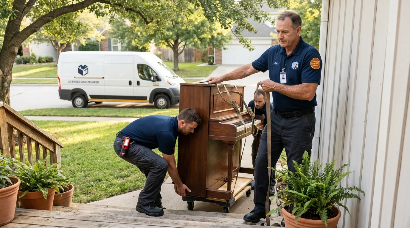 Licensed piano movers securing grand piano in Karnes City, TX