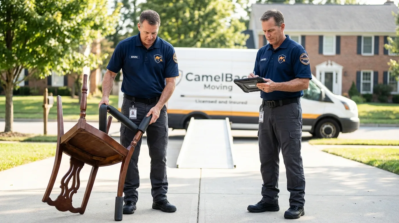 Movers inspecting furniture for damage prevention before loading in Karnes City, TX