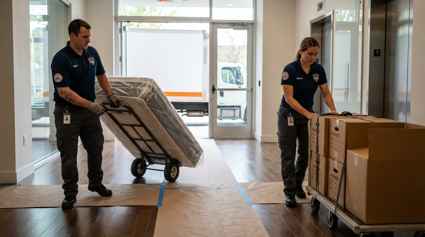 Professional apartment movers loading elevator in Karnes City, TX